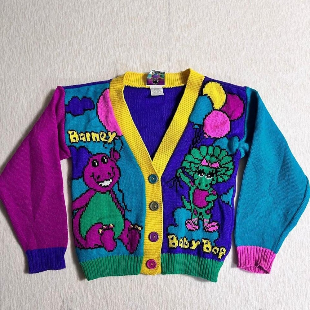 Vintage 1992 Barney Baby‎ Bop Cardigan Sweater Kids Size 6 Colorful USA Rare
